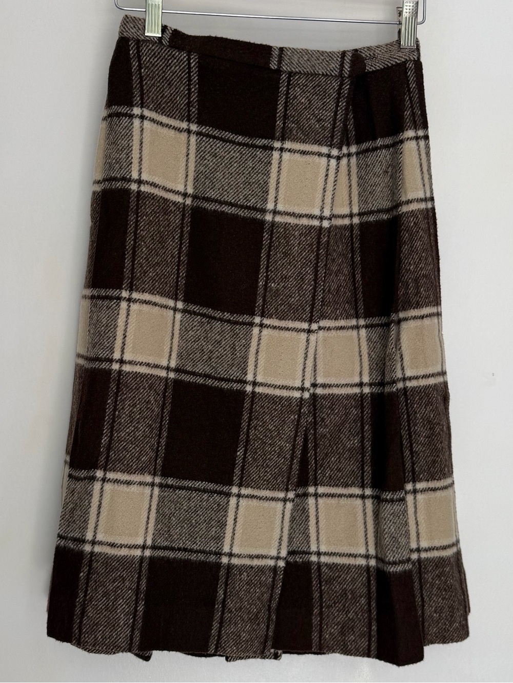 VTG Jantzen Brown Cream Plaid Wrap Pleated A-Line Skirt Preppy Academia USA Made